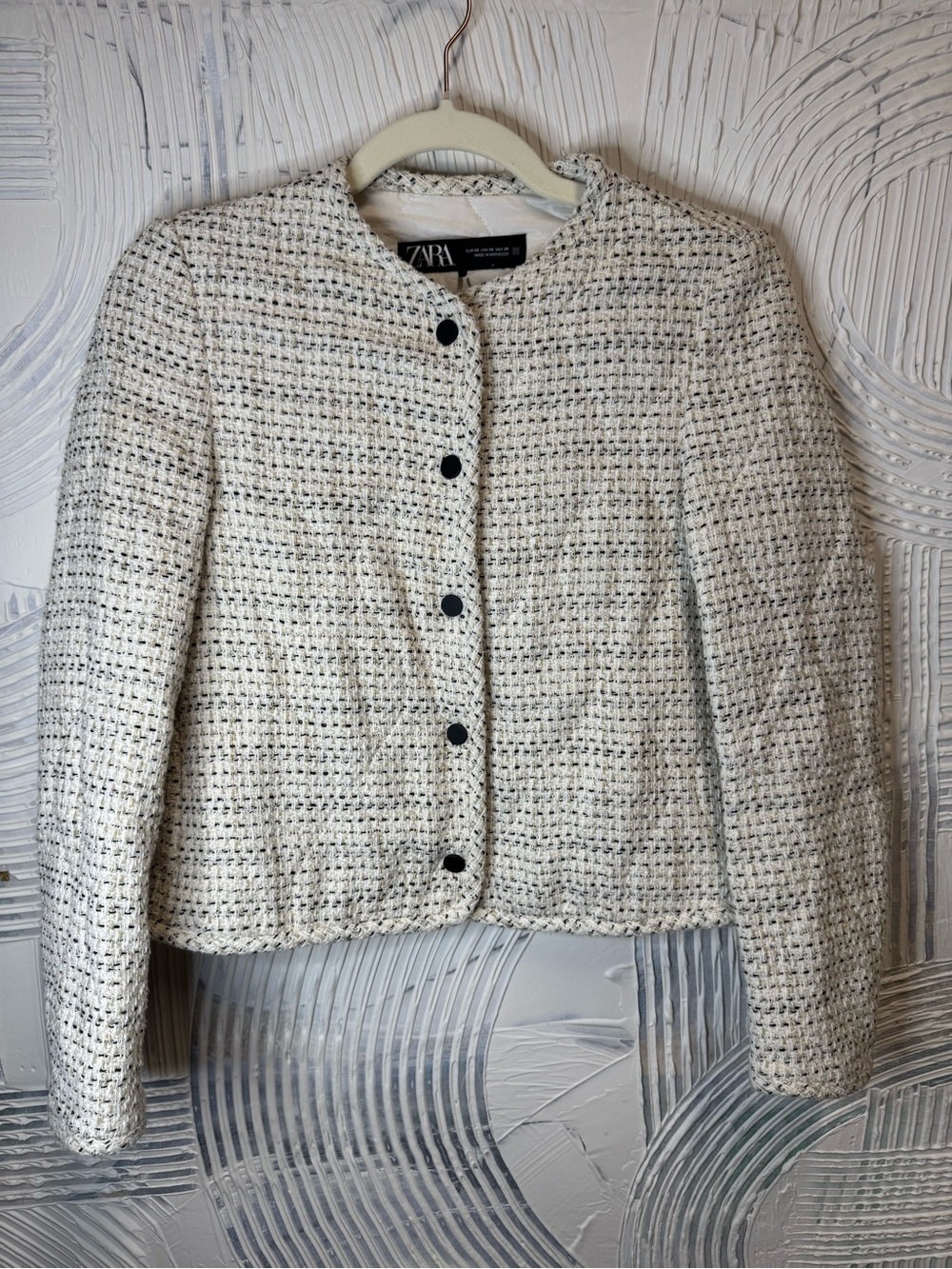Zara Cream Tweed Quilted Jacket with Black Buttons